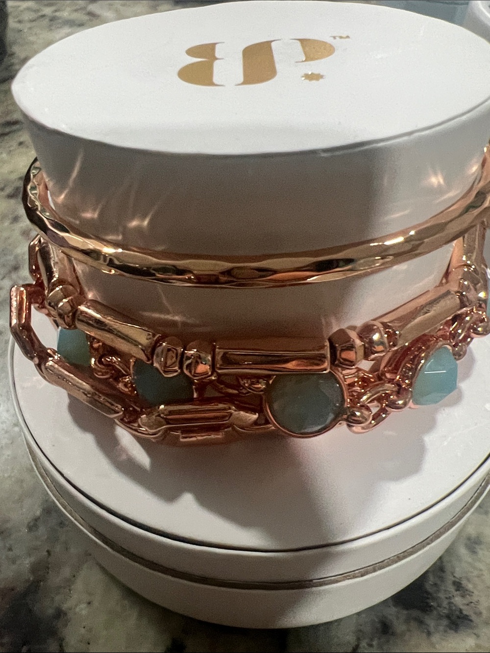 Rose Gold Stack Bracelet Set with Mint Green Stones - Picture 5 of 7